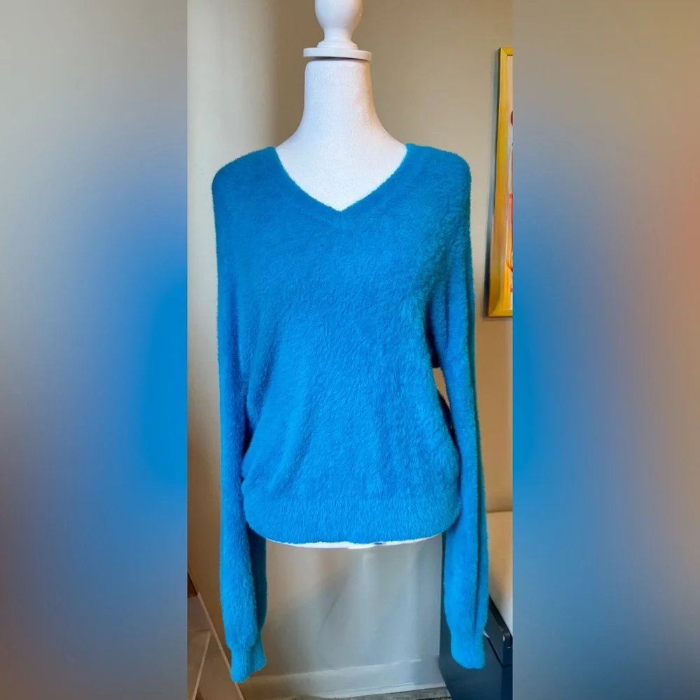 Halogen Bright Teal Fuzzy Crew Neck Sweater - Picture 2 of 5